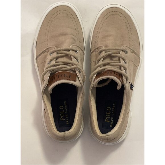 Boys Tan Polo Ralph Lauren Lace Up Canvas Sneaker Dress Shoes Size 4Y Logo - Picture 7 of 16